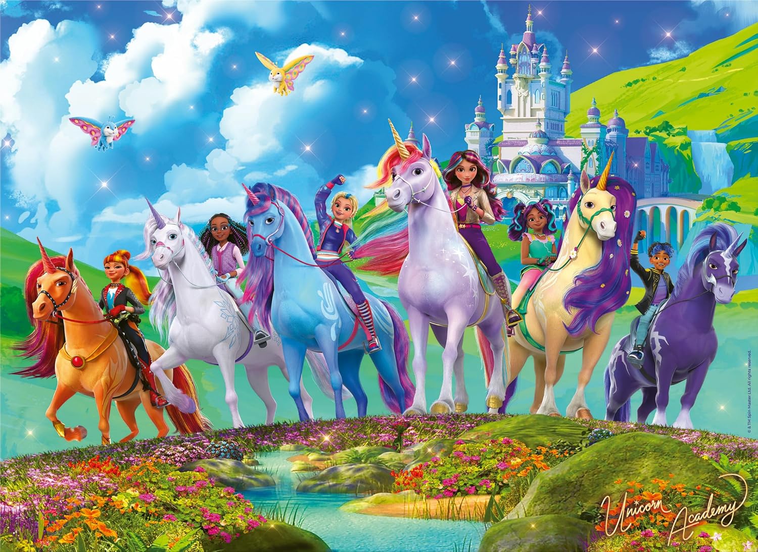 Unicorn Academy Puzzle mit den sechs Hauptfiguren sitzend auf ihren Einhörnern